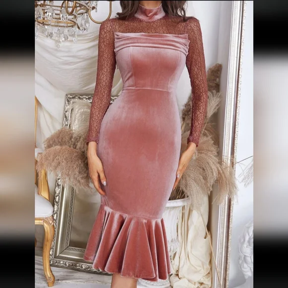Shein Dresses | Shein Mesh Insert Ruffle Hem Velvet Mauve Dusty Pink Dress | Color: Pink/Purple | Size: 4 | Ladymissb's Closet